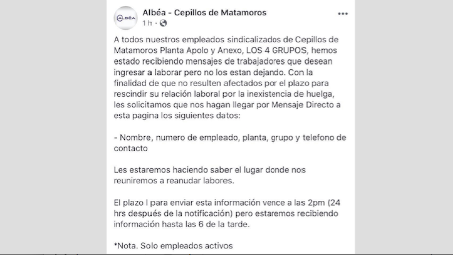 Cepillos de Matamoros convoca a sus trabajadores a labores