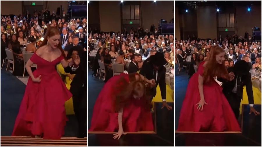 Sufre caída Jessica Chastain en los premios SAG Awards 2023