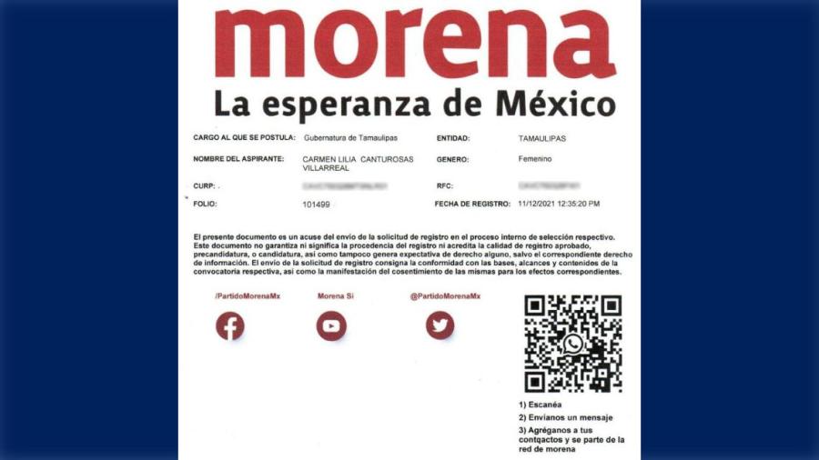 Se registra Carmen Lilia Canturosas en Morena para gubernatura de Tamaulipas