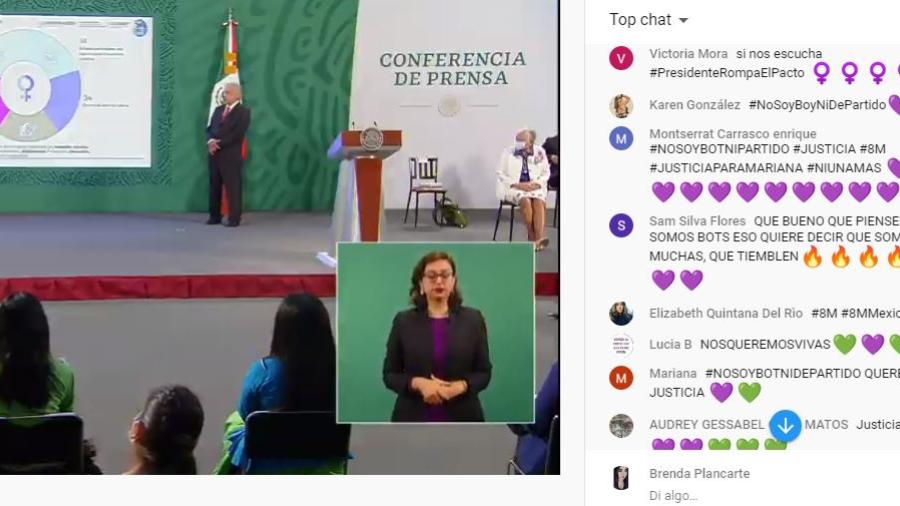 Mujeres se manifiestan, de manera virtual, en el chat de la conferencia matutina de AMLO 