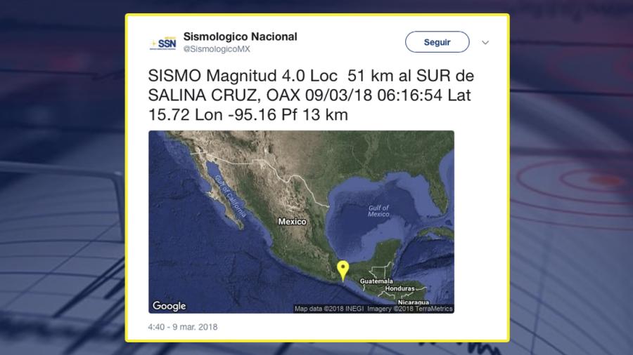 Se registra sismo de magnitud 4.0 en Salina Cruz, Oaxaca