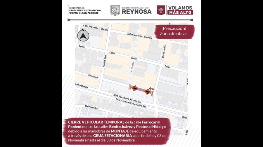 Aviso de cierre de vialidad, por obras en museo del ferrocarril