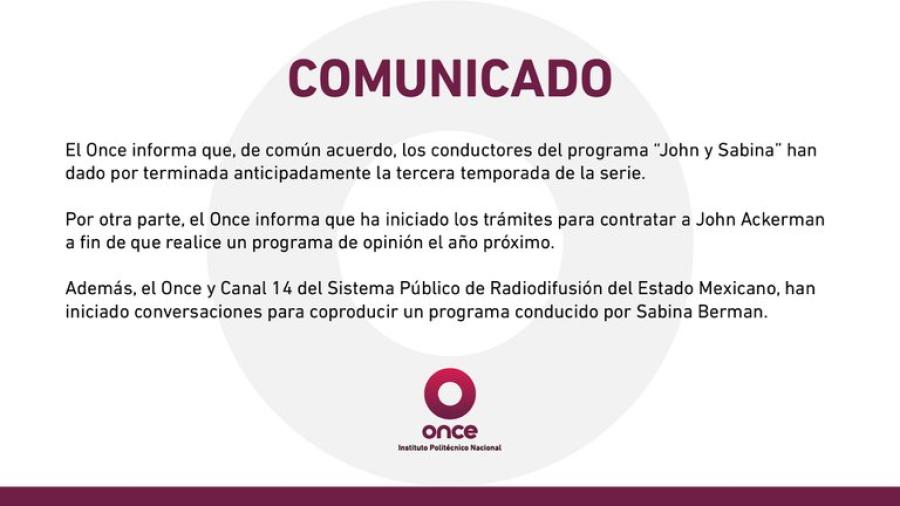 Canal Once confirma fin de “John y Sabina”; Ackerman tendrá nuevo programa 