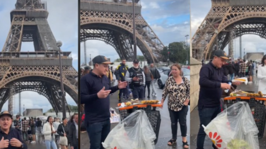 Joven se viraliza por vender elotes en la Torre Eiffel