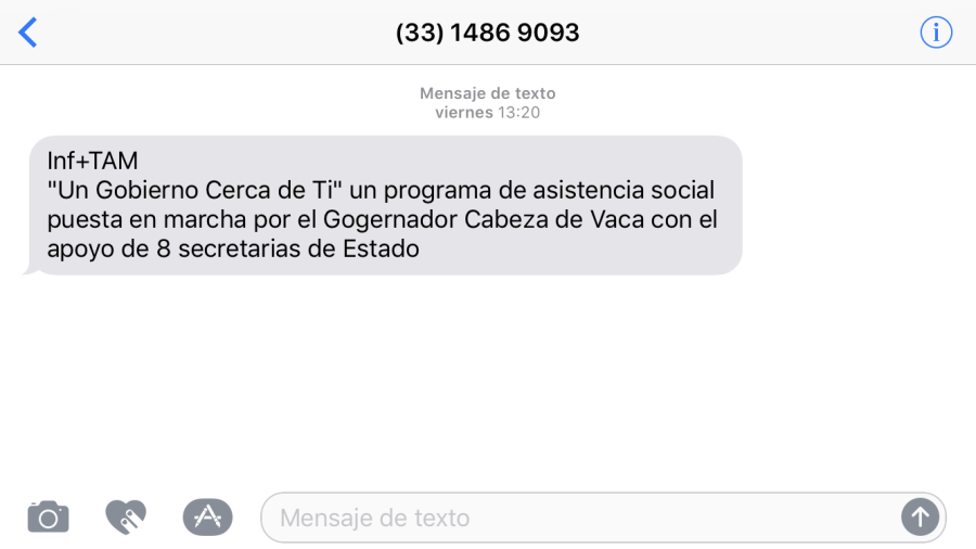No hay campaña del Gobierno de Tamaulipas por SMS vía celular