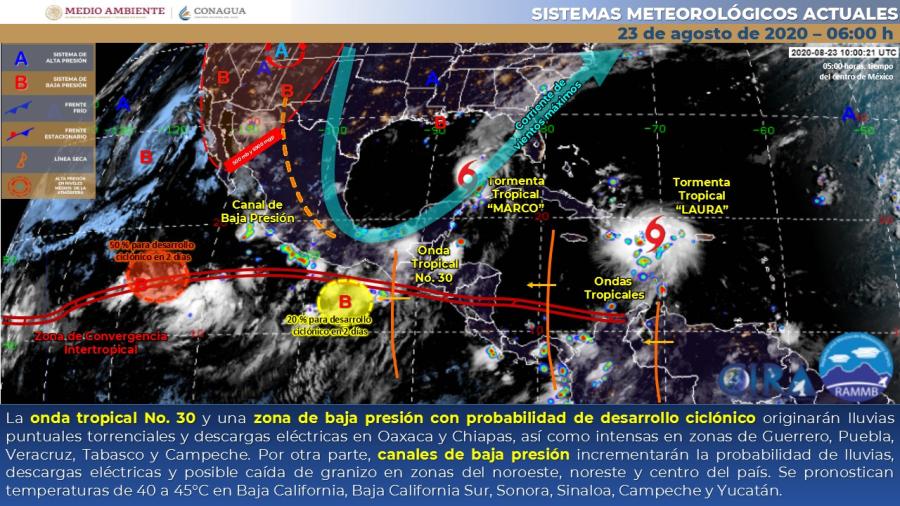 Onda tropical no. 30 y una zona de baja presión con potencial ciclónico, originarán lluvias torrenciales en Oaxaca y Chiapas