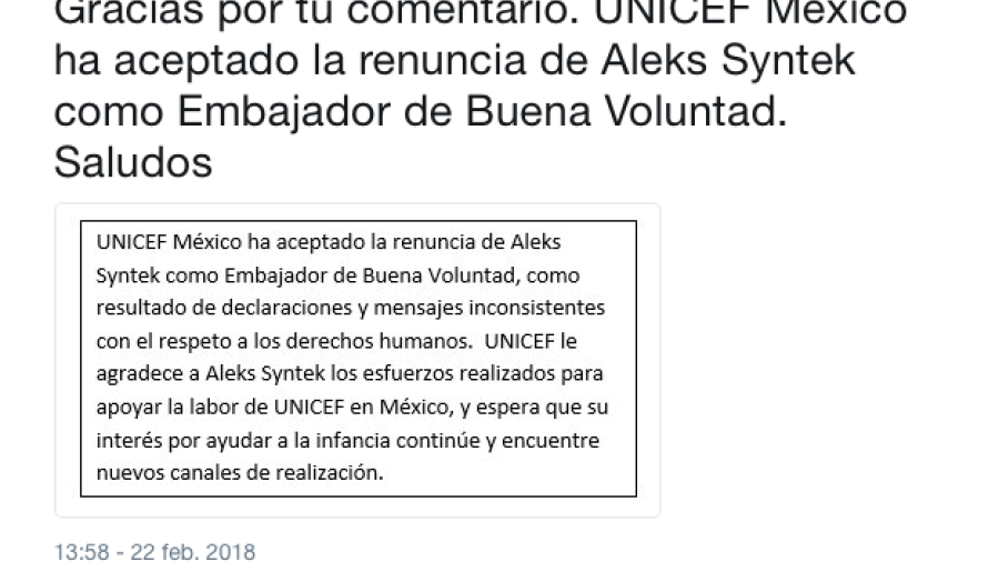Unicef acepta renuncia de Aleks Syntek