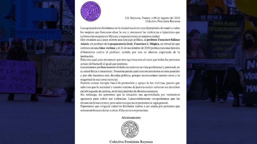 Feministas de Reynosa se diculpan con profesor por falsas acusaciones 