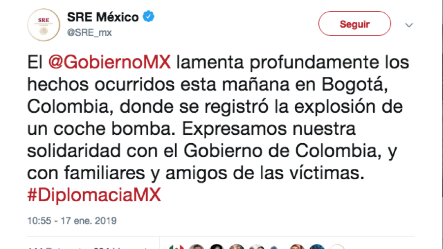 SRE lamenta explosión de coche bomba en Colombia