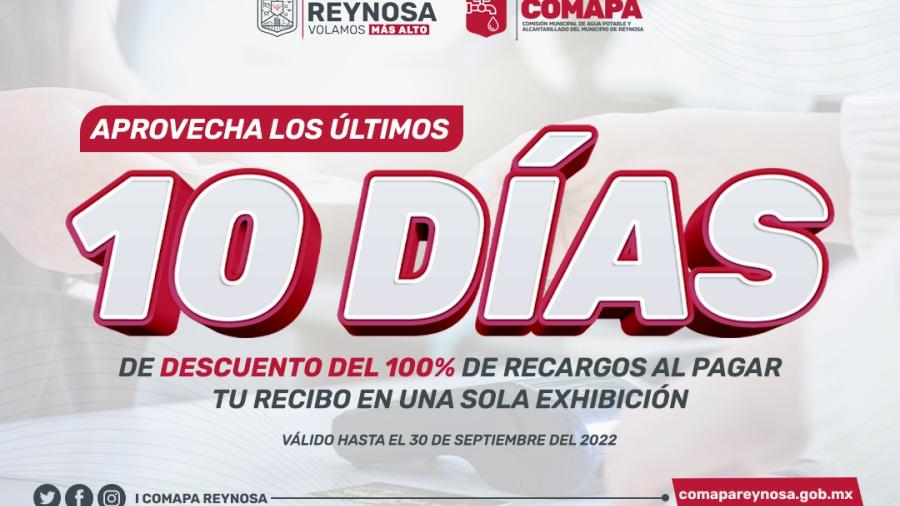 Invita COMAPA Reynosa a aprovechar últimos días de descuento del 100% en recargos predial 