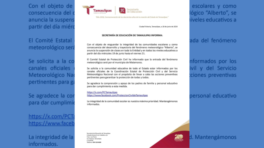 Suspenden clases en Tamaulipas por tormenta tropical