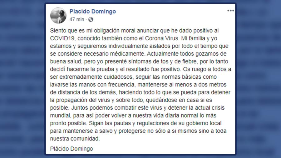 Plácido Domingo da positivo a COVID-19