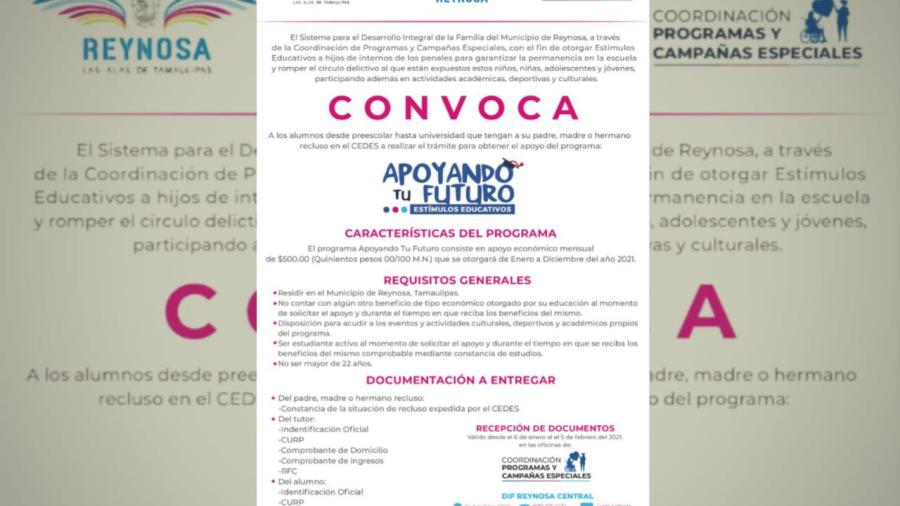 DIF Reynosa invita a inscribirse al programa “Apoyando tu Futuro”
