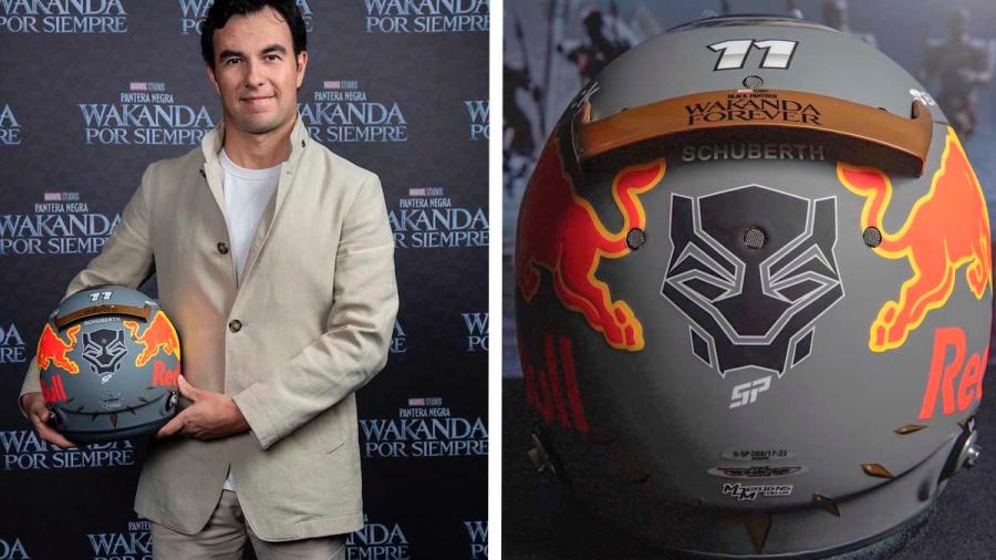 Sergio 'Checo" Pérez presenta el nuevo casco de Black Panther que usará en Brasil