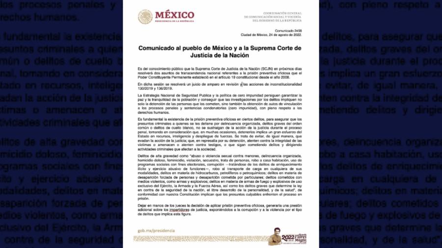 Pide Gobierno Federal a SCJN que se mantenga la prisión preventiva oficiosa