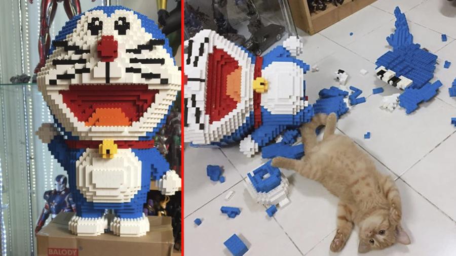Tierno gatito destruye escultura de LEGO