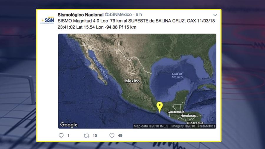 Se registra sismo de magnitud 4.0 al sureste de Salina Cruz, Oaxaca