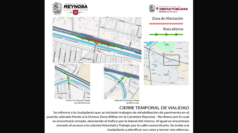 Cierre de puente elevado en carretera Reynosa-Río Bravo frente al Cuartel Militar