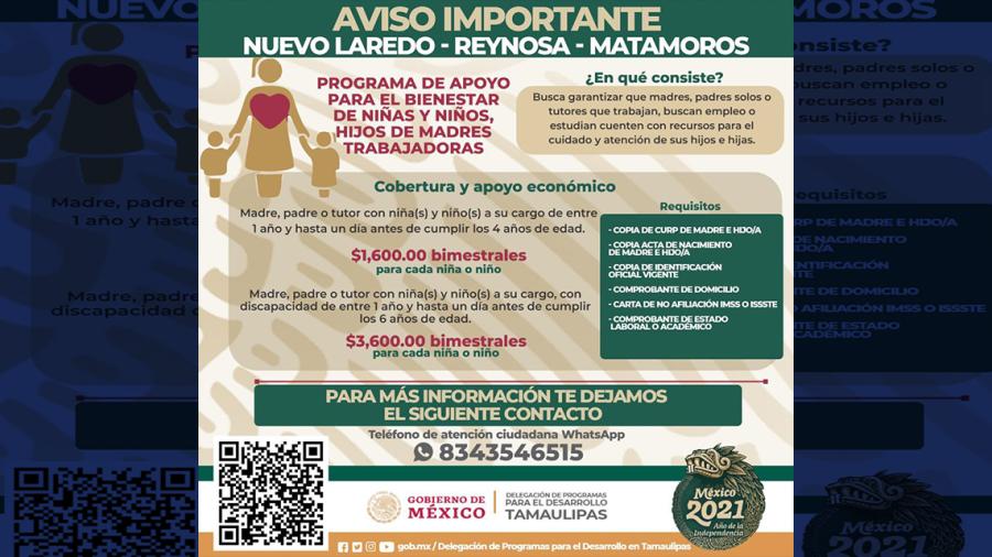 Anuncia Gobierno de México 10 mil nuevos apoyos para hijas e hijos de madres trabajadoras de Tamaulipas
