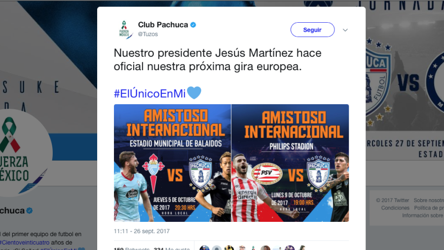 Pachuca confirma fechas ante PSV y Celta de Vigo en Europa 