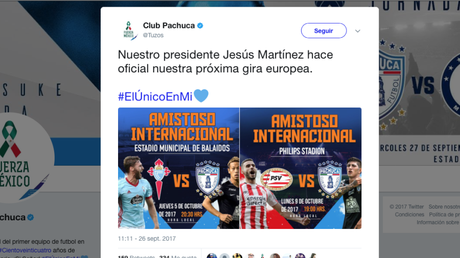 Pachuca confirma fechas ante PSV y Celta de Vigo en Europa
