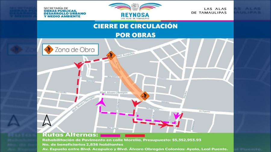 Aviso de cierre de vialidad en avenida Espuela y calle Morelia