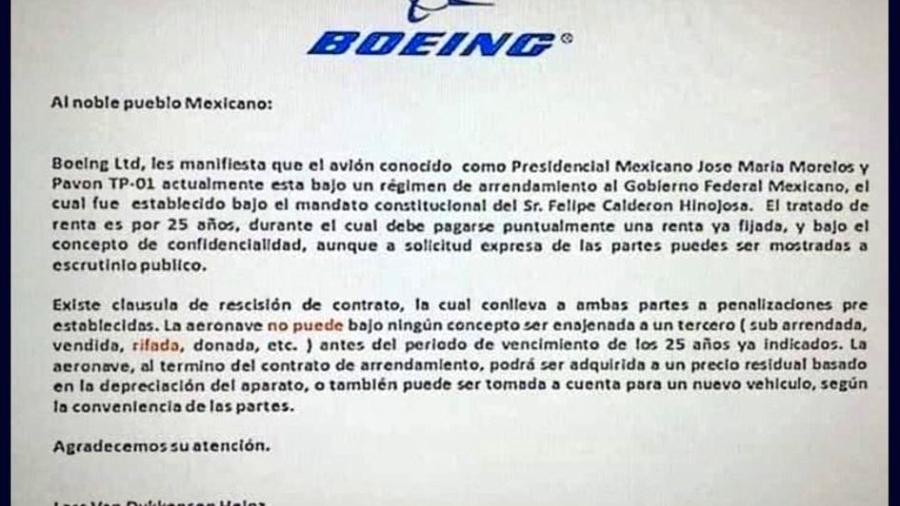 Circula carta falsa de Boeing acerca de avión presidencial