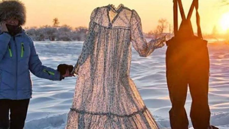 Mujer siberiana fotografía ropa congelada por el frío 
