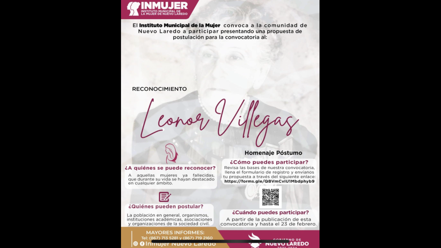 Invita Inmujer de Nuevo Laredo a postular a mujeres destacadas para recibir homenaje postumo “Leonor Villegas 2024”